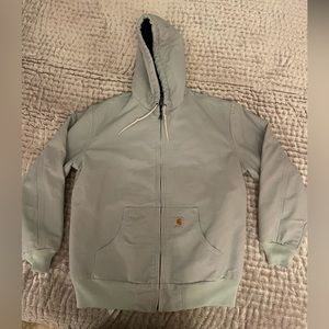 Carhartt Jacket Womens Large Light Gray Canvas Hooded Workwear Quilted Lined.